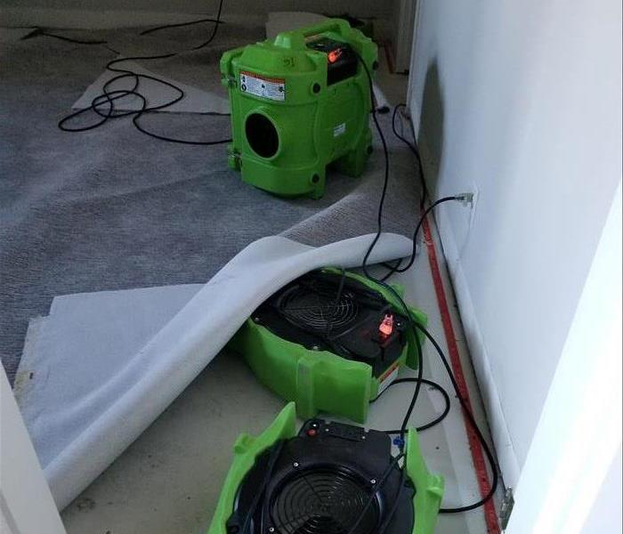 Air movers and dehumidifiers sitting in room under carpet